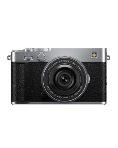 Fujifilm X-E5 Silver & XF 23mm F2.8 R WR Lens - front straight with lens hood attached 