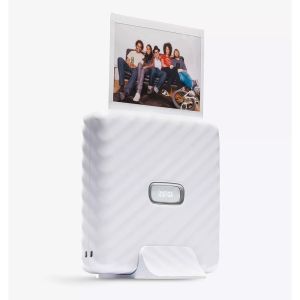 Fujifilm Instax Link Wide Printer - White - front slant with print 