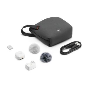 DJI Mic Mini Transmitter - Arctic White - what's in the box - flat lay slant 