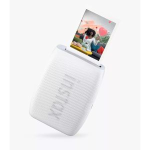 Fujifilm Instax Mini Link 3 Printer - Clay White - tilt with print 