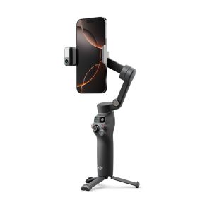 DJI Osmo Mobile 7 Pro Phone Gimbal Stabiliser - rear slant with phone portrait, tripod foot & Multifunction Module attached 