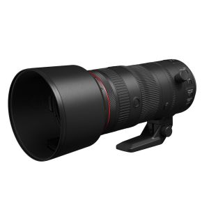 Canon RF 70-200mm F2.8L IS USM Z Lens - Black - front slant with hood and tripod foot attached 