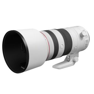 Canon RF 70-200mm F2.8L IS USM Z Lens - White - front slant with hood and tripod foot attached 