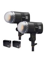 Elinchrom LED 100 C dual head kit with 2x 100W Fast Chargers - Dual Head Kit - head front slant with diffuser attached 