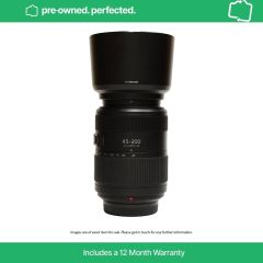 Pre-Owned Panasonic Lumix G Vario 45-200mm F4-5.6 II Power O.I.S Lens - topside upright with hood attached 
