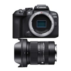 Canon EOS R10 & Sigma 18-50mm F2.8 DC DN | C Lens Kit - camera body front and lens side on 