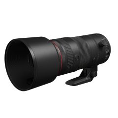 Canon RF 70-200mm F2.8L IS USM Z Lens - Black - front slant with hood and tripod foot attached 