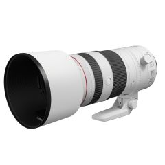 Canon RF 70-200mm F2.8L IS USM Z Lens - White - front slant with hood and tripod foot attached 