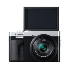 Panasonic Lumix TZ99 Digital Compact Camera - Silver/Black - front with screen flipped up 