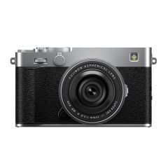 Fujifilm X-E5 Silver & XF 23mm F2.8 R WR Lens - front straight with lens hood attached 