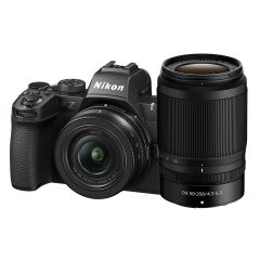 Nikon Z50 II Body,  NIKKOR Z DX 16-50mm F3.5-6.3 VR & NIKKOR Z DX 50-250mm F4.5-6.3 VR Twin Kit - camera and 16-50mm front slant with 50-250mm top side upright next to it
