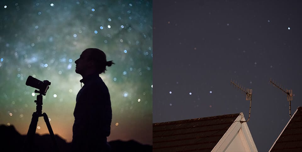 silhouette of man and camera against starry night sky