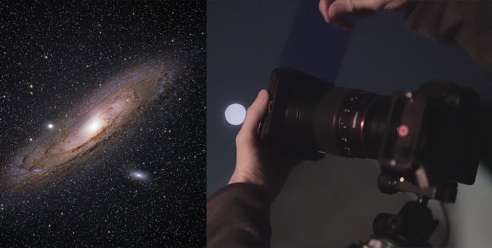 andromeda galaxy on left, right: close up of camera with night filter