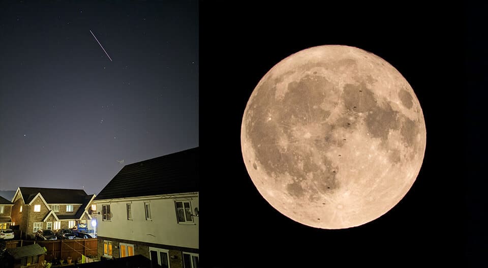 left: shooting star above house. right: close up of full moon